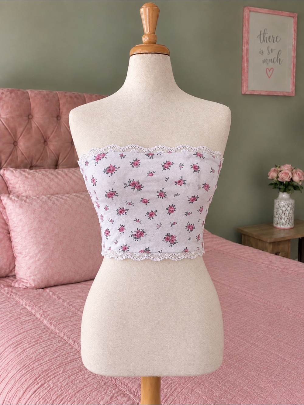 & Other Stories White Strapless Floral Lace-Trim Tube Top